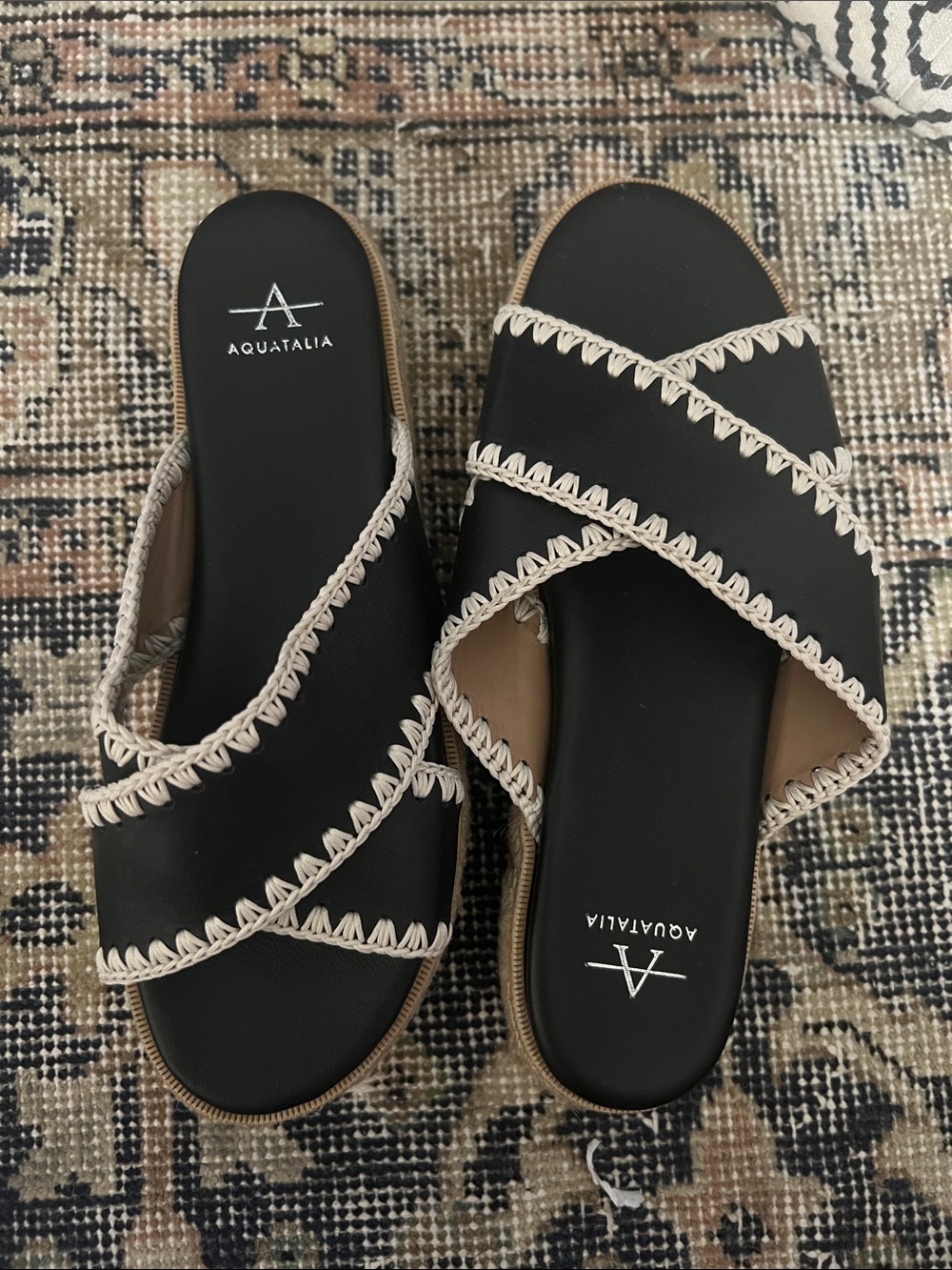 Aquatalia Black Slide Mules with Cream Stitch Trim